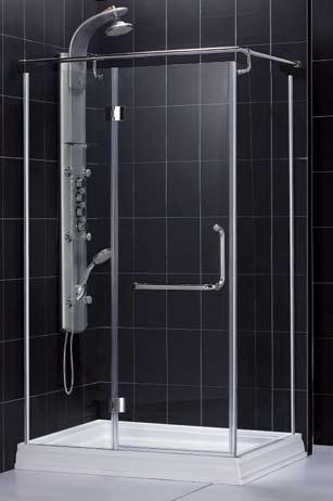 TM QUAD SHOWER ENCLOSURE Hinged door with full length magnetic door latch 3/8 tempered safety clear glass Anodized aluminum profiles Visible fixtures in chrome (-01) finish Stainless steel hinges,