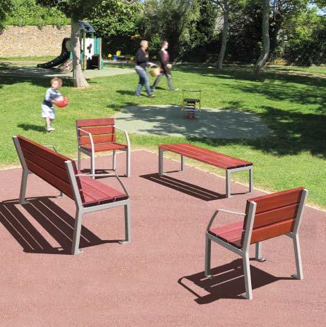 The range consists of a single person chair, a seat, bench, lounger, a table and picnic set, all available in a choice of colours for the steelwork frames and timber slats.