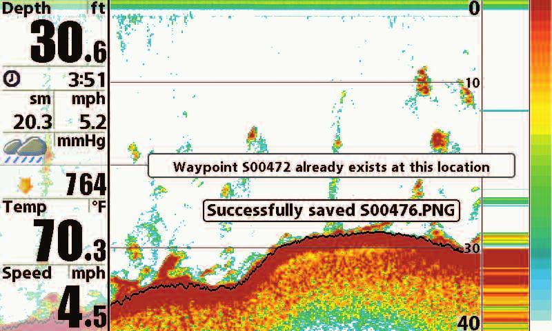 2 3 1 Waypoint saved at Cursor Location 2 Screen Snapshot Confirmation 3 File Name 1 Make a Screen Snapshot: 1. Activate Screen Snapshot and install an MMC/SD card. 2. From any view or cursor location you want to capture, press the MARK key.