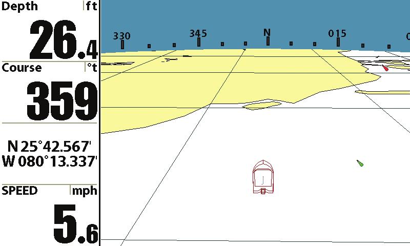 Bird s Eye View Bird s Eye View shows a 3D perspective view of the track and the chart s land contour from a point above and behind the boat (the eye point).