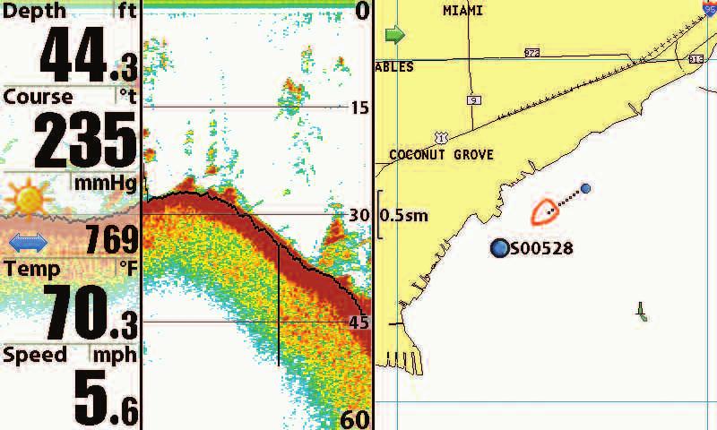 1 Chart/Sonar Combo View 6 1 10 Chart/Side Combo View 5 9 2 2 8 4 5 3 6 10 3 7 8 4 7 11 1 Depth Boat Icon 5 2 Course: Direction that boat is travelling Cartography 6 relative to North Reference Sonar