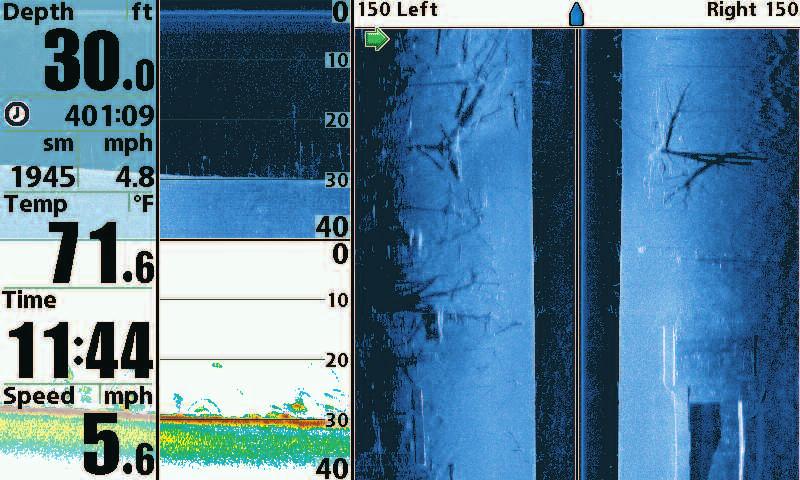 Down Imaging /Sonar Combo View (898c SI and 998c SI only) Down Imaging /Sonar Combo View shows traditional Sonar information on the left and Down Imaging sonar information on the right.