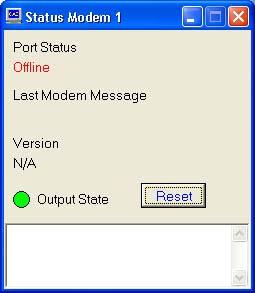 Modem Status Window: This screen will indicate if the modem is on-line or off-line and the version of the modem.
