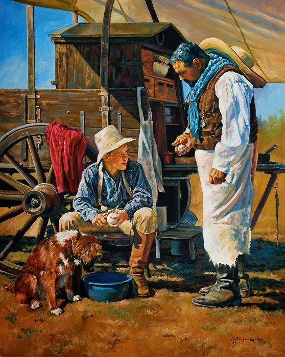 Chuckwagon in field (S) Cowboy with dog and water bucket (P) Sources can be staged and photographed or pulled from other