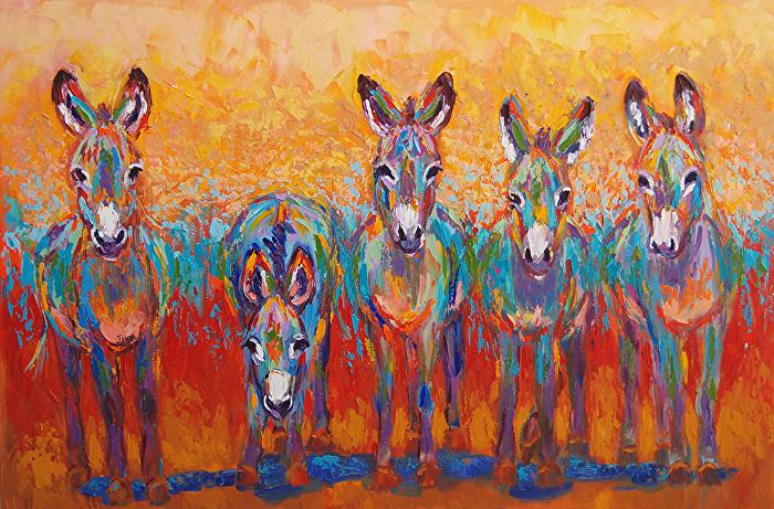 Five donkeys in barnyard modified to abstract paint (P) Using pastels, oils and acrylics