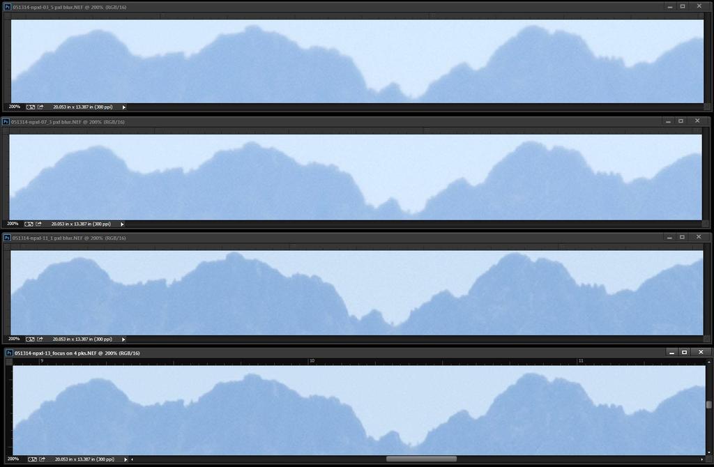 Images of 4 Peaks Taken For 5, 3, 1 and 0 Pixels of Blur 5 pxls 3