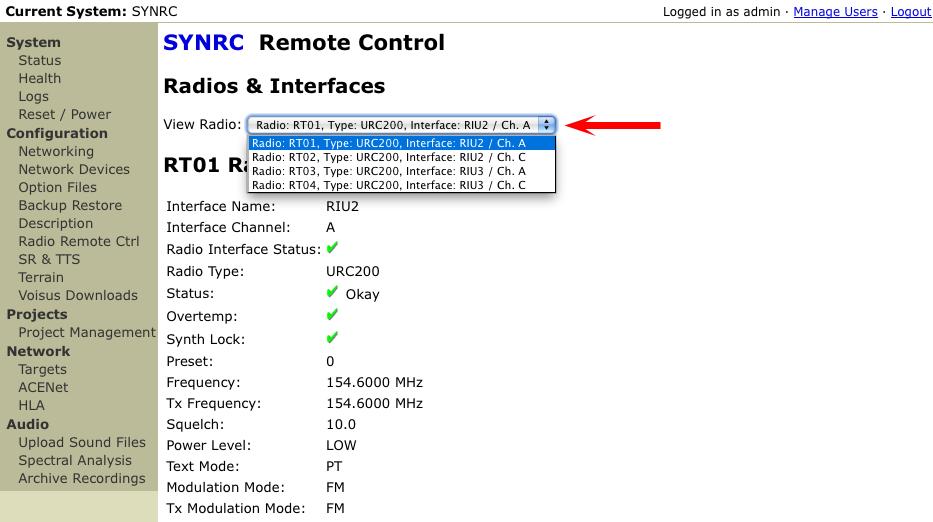 ASTi Synapse Remote Control Guide (Ver. 1, Rev. B) 4. Access the View Radio drop-down selector to choose which live URC-200 transceiver to control.