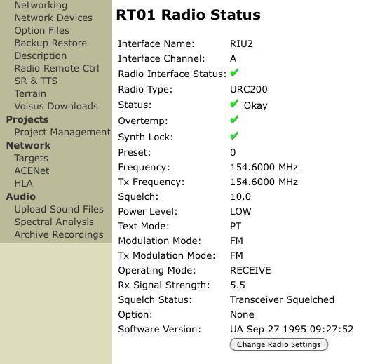ASTi Synapse Remote Control Guide(Ver. 1, Rev. B) 5. The Radio Status page displays radio status items in a tabular format.