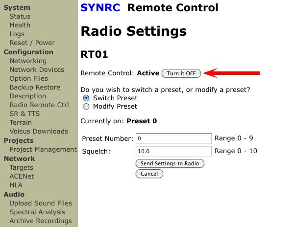 ASTi Synapse Remote Control Guide(Ver. 1, Rev. B) 3. To disable the remote control data link between a live radio and ACE-RIU click the Turn if OFF button at the top of page.