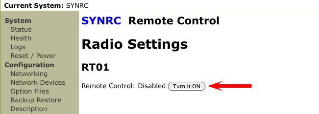 If the remote control data link is currently off, the only option on the Radio Settings page will be to turn it back on by clicking the Turn it ON button.