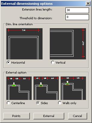 Dimensions This function, much like the main dimension function of progecad, lets users display a dimension of a specified line length for EasyArch components with many optional displays.