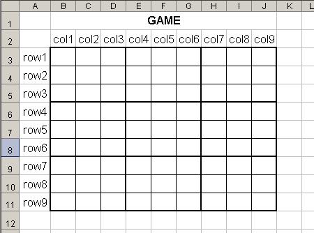 Sugden: Sudoku in Excel SUDOKU IN EXCEL 11. Select cells B1 to J1 and click the Merge and Centre button in the Formatting Toolbar. Type Game and make the font Bold. See figure 5.