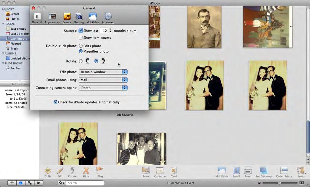 iphoto Preferences You can set preferences like text size and open iphoto when a digital camera is attached to the computer with preferences. 1. Click on iphoto 2. Select Preferences 3.