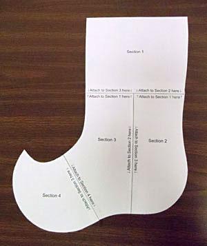 Cut out the sections and align them together as instructed on the printouts. Tape the pieces together to form the stocking pattern.