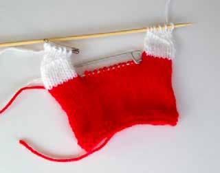 With the right side of stocking facing you, join in contrast yarn and work as follows: Next Row: K9, turn Next Row: Sl 1, P8, turn Repeat these two rows 3 times Next Row: K2, K2tog tbl, K1, turn Next
