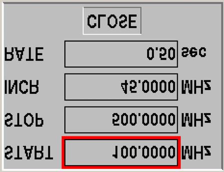 Using the up or down arrow keys or the rotary knob increments or decrements the current value. Frequency values ranging from 0 to 2700 MHz can be made with 1 Hz resolution.