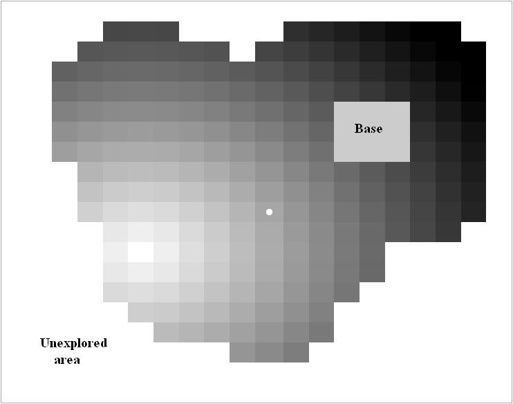 Figure 6.6: The explorer unit (white circle) move towards the tile with the highest importance value (light grey area).