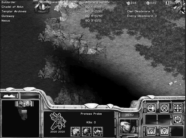 Figure 1.3: A screenshot from StarCraft displaying Fog of War. The square in the lower left corner shows a map of the whole game world. Black areas are unexplored.