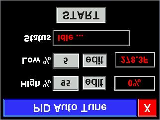 This is the PID auto tune window, showing the high and low output percentages, output percent, current temperature, and the status of the auto tune process.