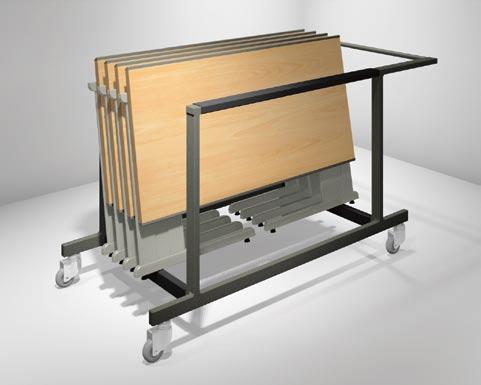 Tables may be carried individually or stacked on a mobile trolley for