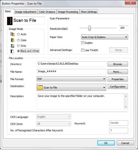 Brother Button Manager provides selections for image mode, paper size, resolution, file name, file format and OCR settings on the main page.