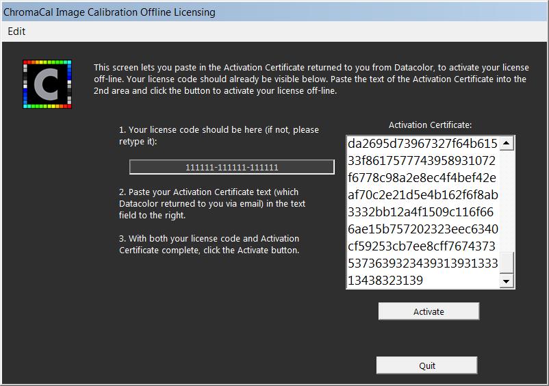 9. Enter the Activation Certificate code from step #6 into the labeled area on the right side of the screen.