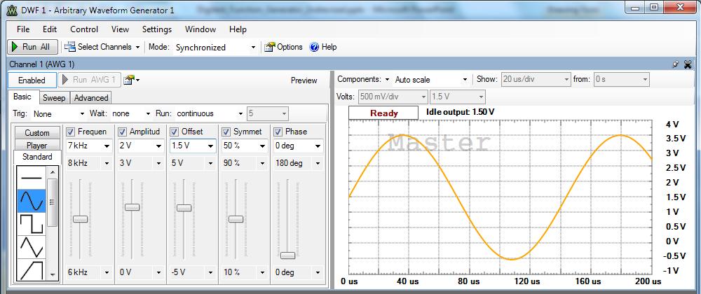 Enabling the Waveform Generator The default for the Arbitrary Waveform Generators is Disabled, which means that there is no signal being outputted from the Analog Discovery to W1 pin for AWG 1.