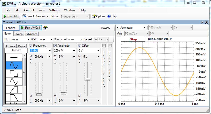 After correctly installing the Digilent Waveforms software and connecting the Analog Discovery, open the software and select the WaveGen (for the function generator) and the Scope (for the