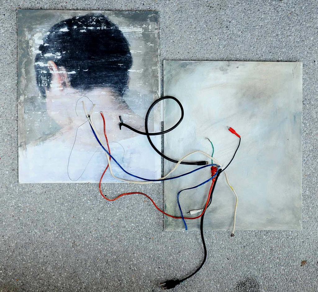 Artwork 8 Wired (Series) Photograph 1 Photo transferred to canvas, acrylic paint, wires, computer cables 71x84 cm One of the images I used for Symptom was of a woman with her back to the camera.
