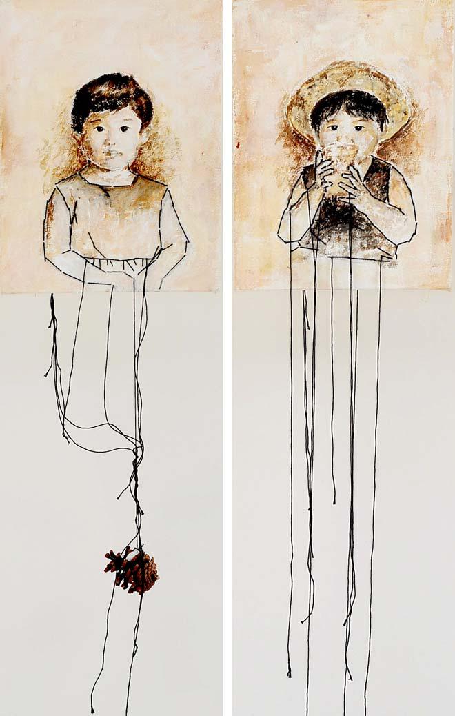 Artwork 9 Juvenescence (Diptych) Acrylic on canvas, cotton thread, pine cone 56x30 cm I moved away from technology and onto childhood.