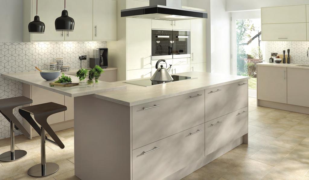 Cube Ivory & Cashmere Smooth, matt painted effect kitchen cabinets create a