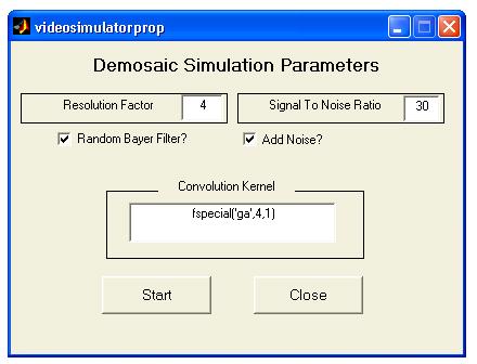 Figure 6.1: Static Multi-Frame Demosaicing Simulation GUI screenshot. Generation of color patterns can be done uniformly, e.g. for resolution factor of four (r = 4), there would be four frames using pattern 1, four frames using pattern 2, four frames using pattern 3, and four frames using pattern 4.