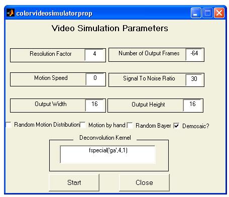 Figure 6.2: Color video simulation GUI screenshot. The Random Bayer option is described in Section 6.2. By clicking on the Show LR Sequence push-button, the created LR sequence will be shown as a movie sequence.
