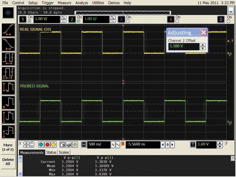 Single ended operation on a single ended signal Scenario 3. The function generator is set to slow square wave 3.0 Vp-p, 1.5-V offset. Signal being probed is set to single ended.
