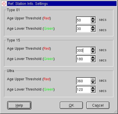 Reference Station Info Settings The Reference Station dialogue indicates the age thresholds of the RTCM corrections for each message type (Type 1, Type 15 and Ultra).