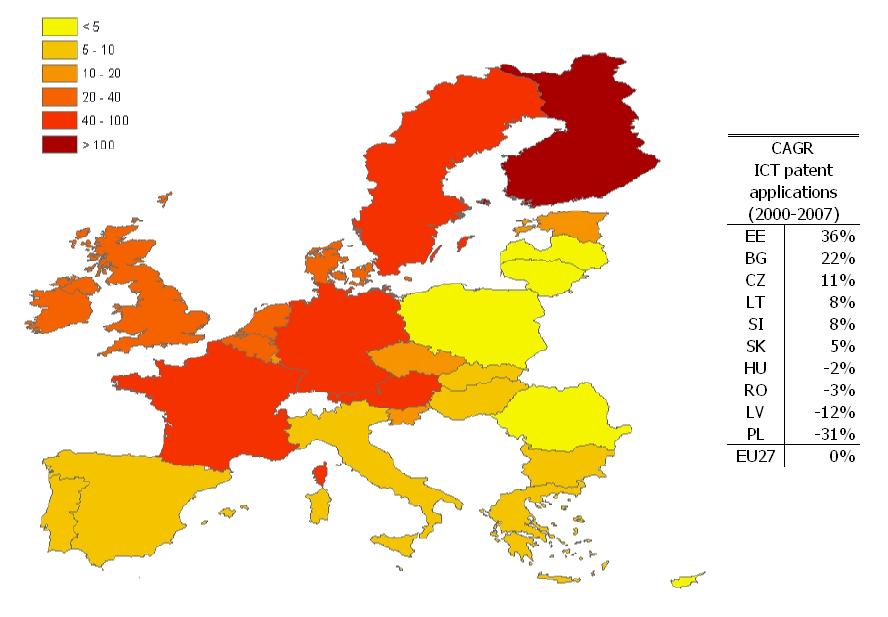 ICT priority patent applications per million inhabitants, 2007