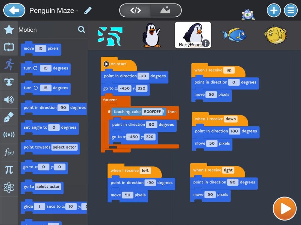The BabyPenguin finished code should look like the following Penguin Mum Code PenguinMum initially asks for help in getting BabyPenguin home, making sure BabyPenguin collects all three