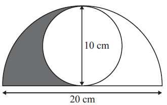 19. The diagram shows a circle inside a semicircle. The circle has a diameter of 10 cm. The semicircle has a diameter of 20 cm.