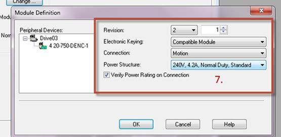 Verify the Revision, choose the Electronic Keying method, and choose the correct power structure (frame and voltage). 8.