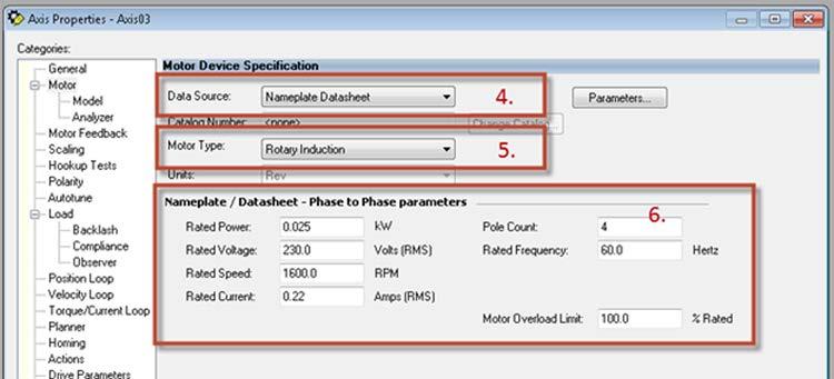 PowerFlex 755 Drive and CIP Appendix A 4. In the treeview, click Motor and select the source for the motor data.