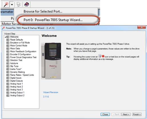 Tuning Configuration and Setup Chapter 2 1. From the DriveExecutive or Connected Components Workbench software and using the appropriate drive Add-on Profile, click Drive/ Connect to drive. 2. Click the Startup Wizard icon.