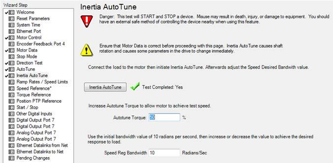 Chapter 2 Tuning Configuration and Setup Figure 33 - Inertia Auto Tune Test Window The Inertia Auto Tune test does not calculate any control loop gain settings it only measures the Total Inertia ( J