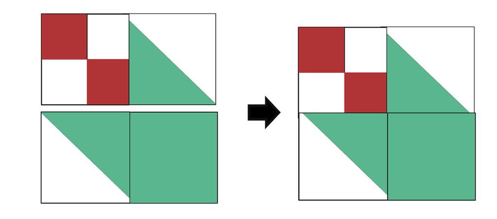 Gather together the 4-1/2 squares of FABRIC A, the half-square triangles of FAB- RIC A, and the four patch-squares of FABRIC B.