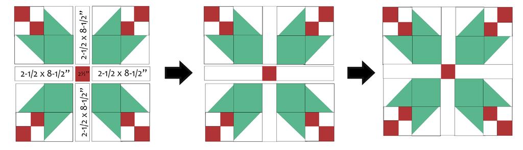 Arrange 4 blocks as indicated below--with a 2-1/2 x 8-1/2 strip of background fabric separating them, and one 2-1/2 square in the center.
