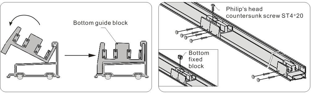 Fig 13 6. Install bottom guide block Snap one side of the bottom guide block (24, 25) into the bottom guide track and press another side to make it touch to the guide track.