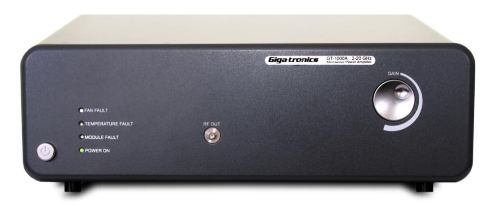 Figure 1) Giga-tronics GT-1000A Solid-State Microwave Power Amplifier The Giga-tronics solid-state amplifiers use GaAs parallel MMIC technology in a spatially combined amplifier core.