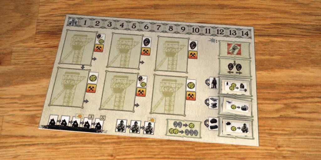 ) 1 player tableau 5 pithead cards 3 price increase markers