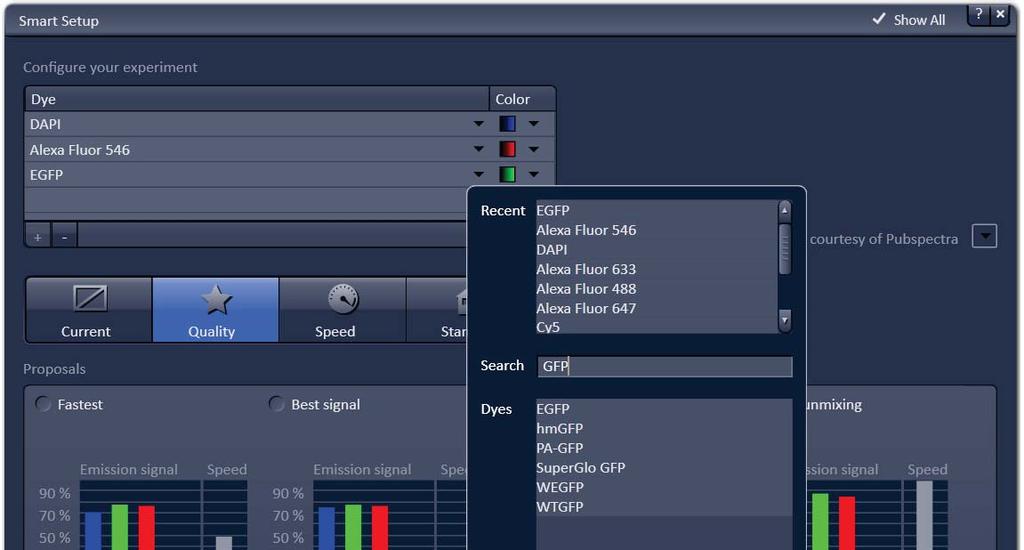 Configuring the beam path and lasers Click the Acquisition button. Smart Setup The tool Smart Setup is an intuitive, user-friendly interface which can be used for almost all standard applications.