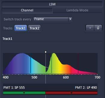 Settings for track configuration in Channel mode Select Channel mode if necessary (Fig. 17). Click on the LSM button in the light path tool (Fig. 17). The Light Path tool displays the selected track configuration which is used for the scan procedure.