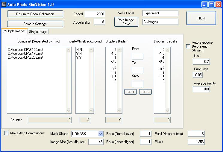 Figure 2.8. Control panel of the software to operate the simultaneous vision system.